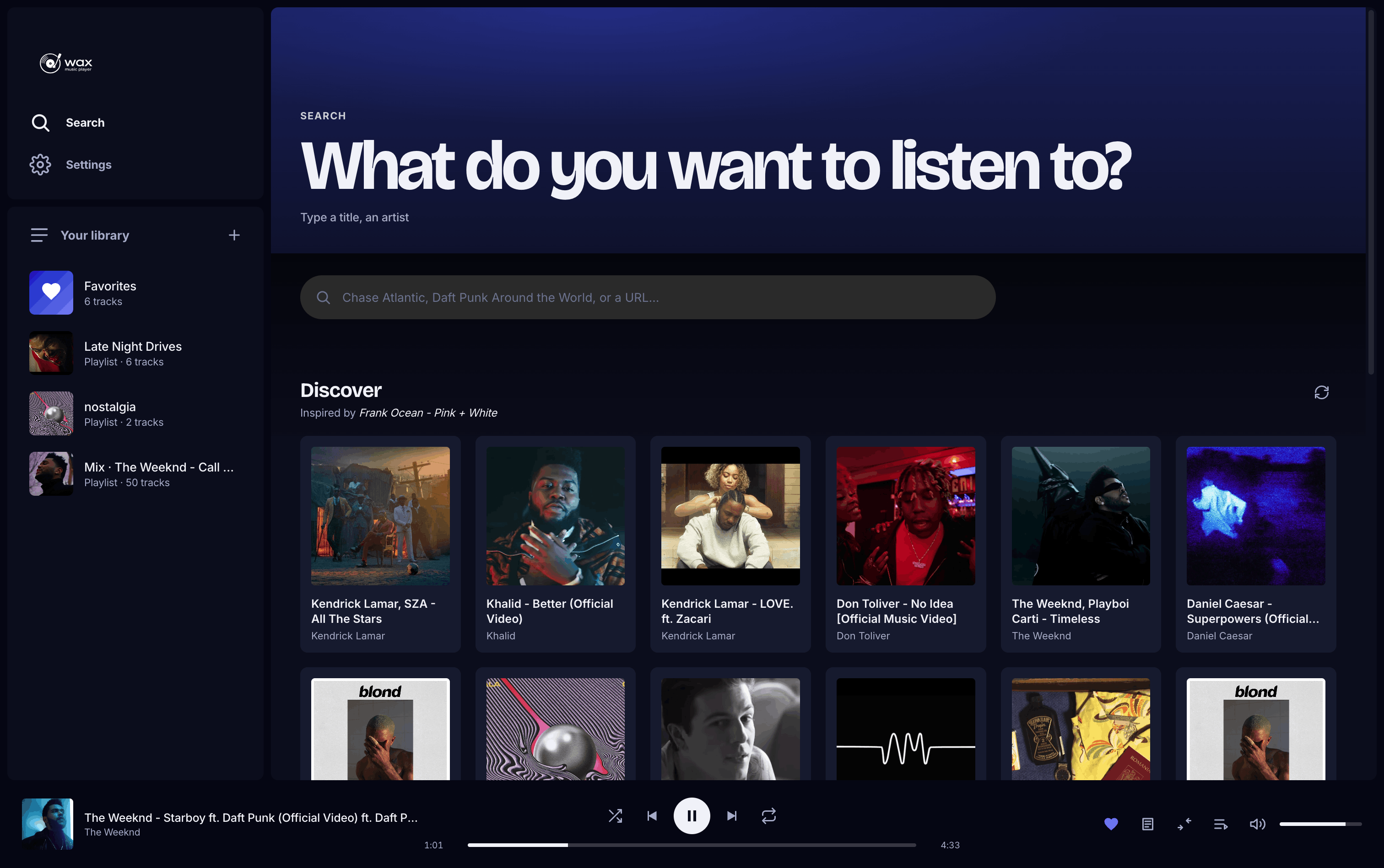 Wax — Discover view in the Midnight theme