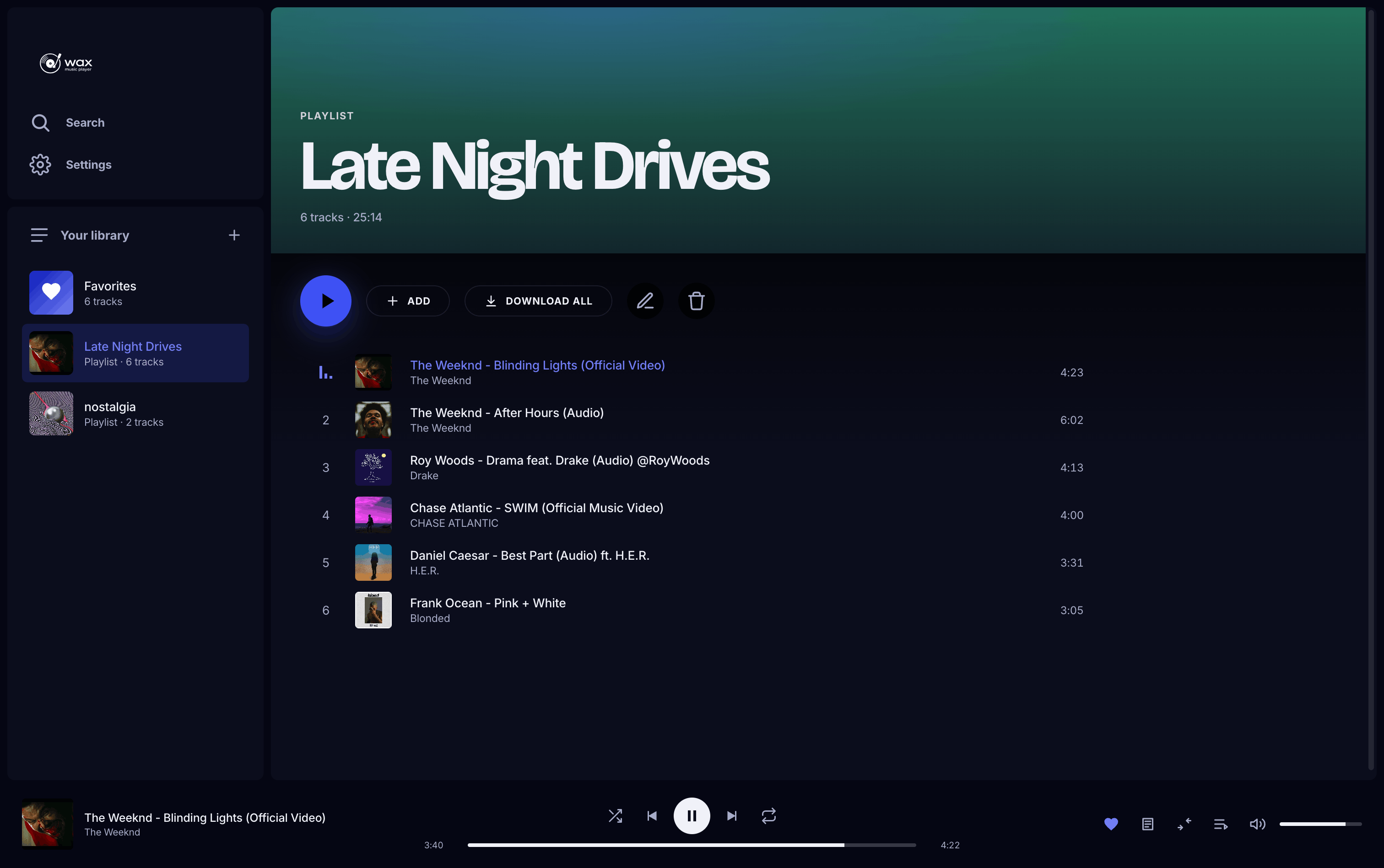 Late Night Drives playlist with 6 tracks